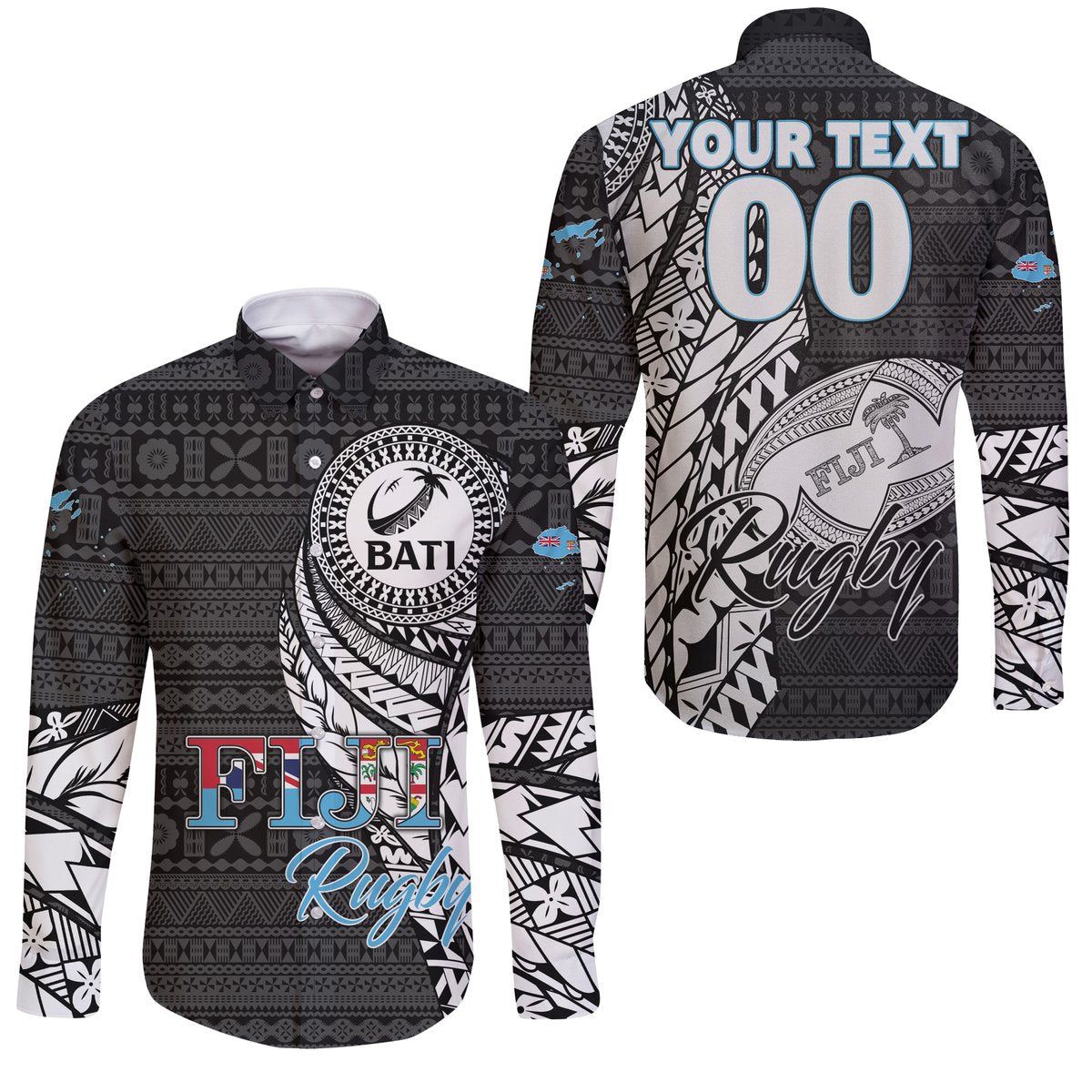 (Custom Personalised) Fiji Rugby Bati Tapa Pattern Sleeve Button Shirt