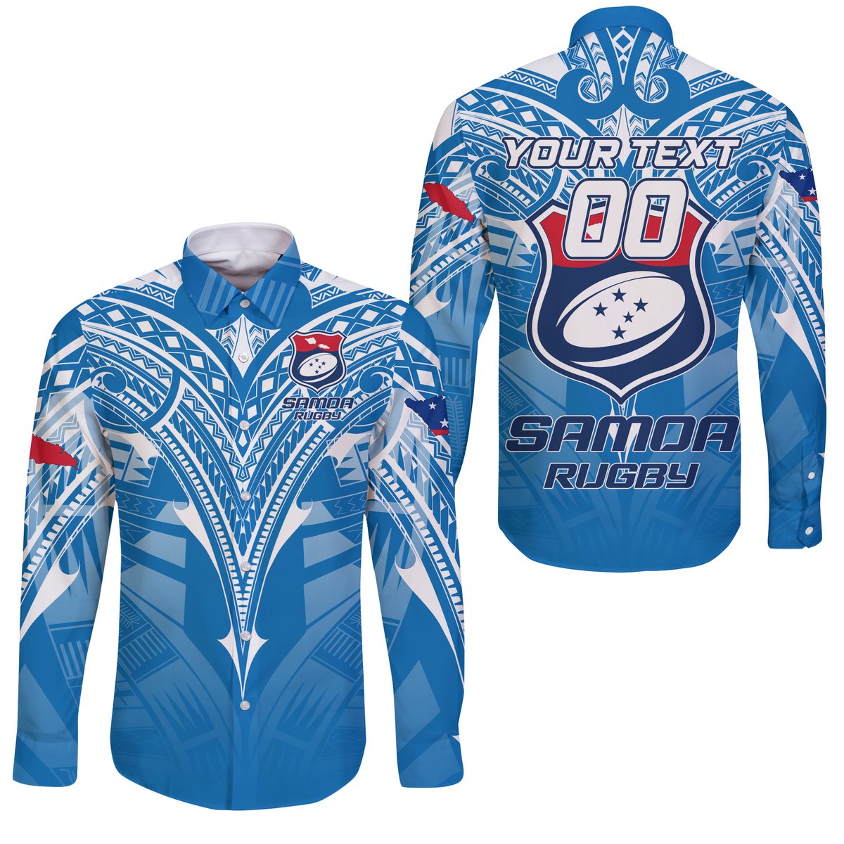 (Custom Personalised) Samoa Rugby Toa Samoa Blue Style Sleeve Button Shirt