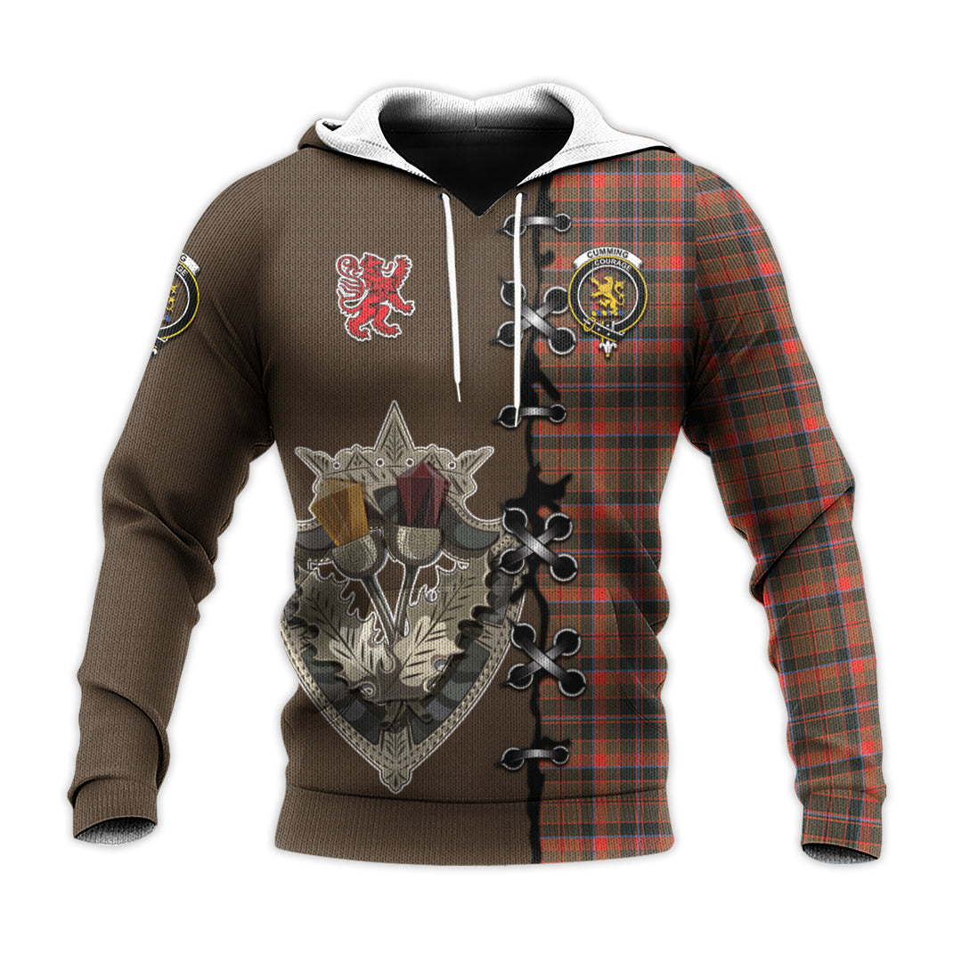 Printivon Cumming Hunting Weathered Tartan Hoodie Lion Rampant And Celtic Thistle Style