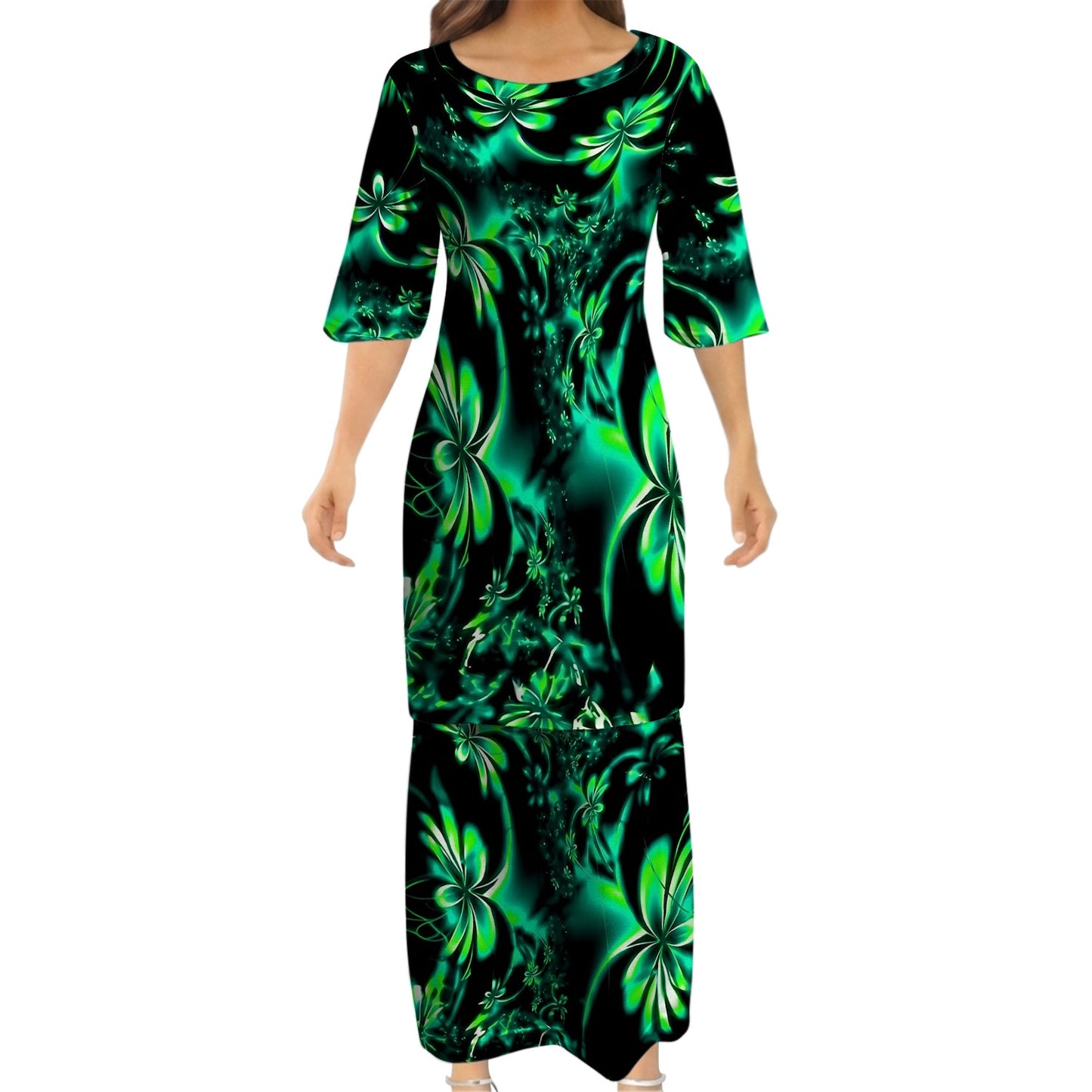Green Leaf Matching Outfit For Couple Island Puletasi Dress And Hawaiian Shirt For Her Him