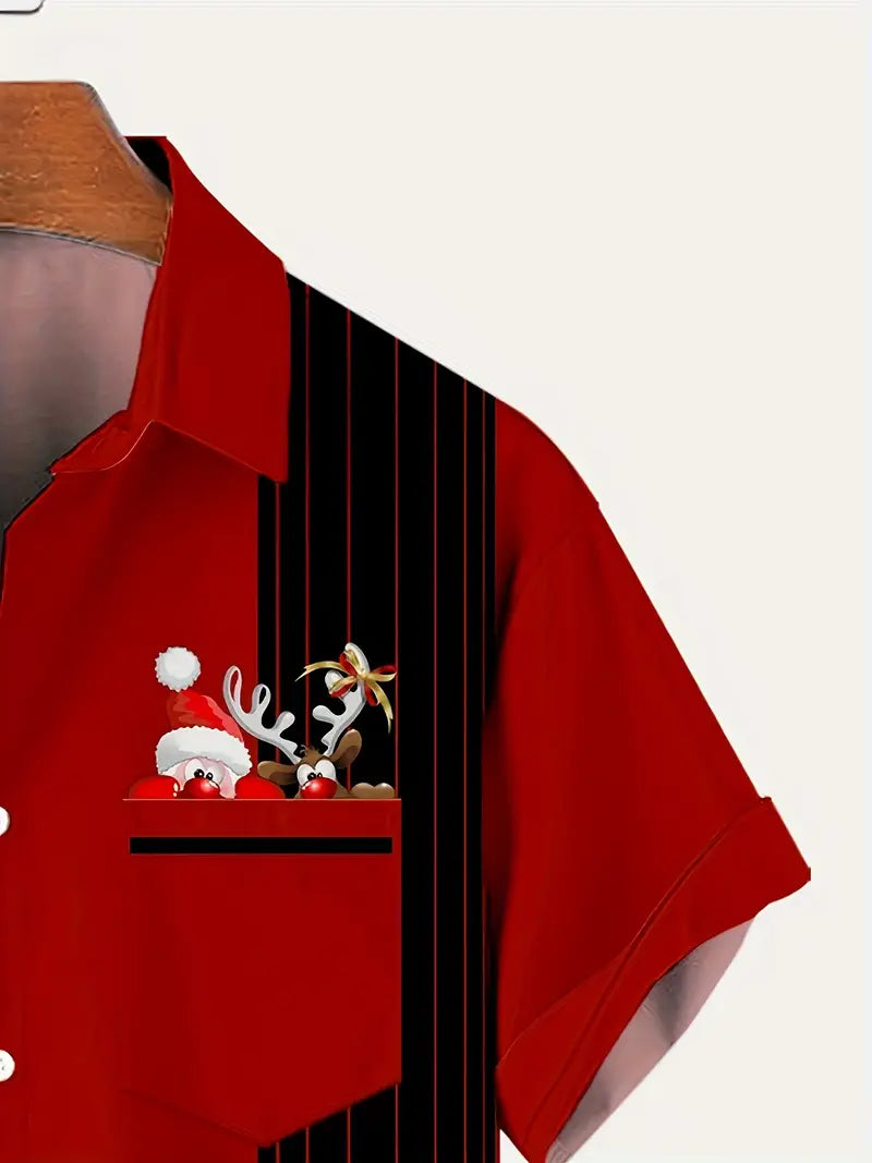 Men's Festive Christmas Santa Shirt - Funny Christmas Casual Short-Sleeve with Snowman & Santa Print Hawaiian Shirt For Him