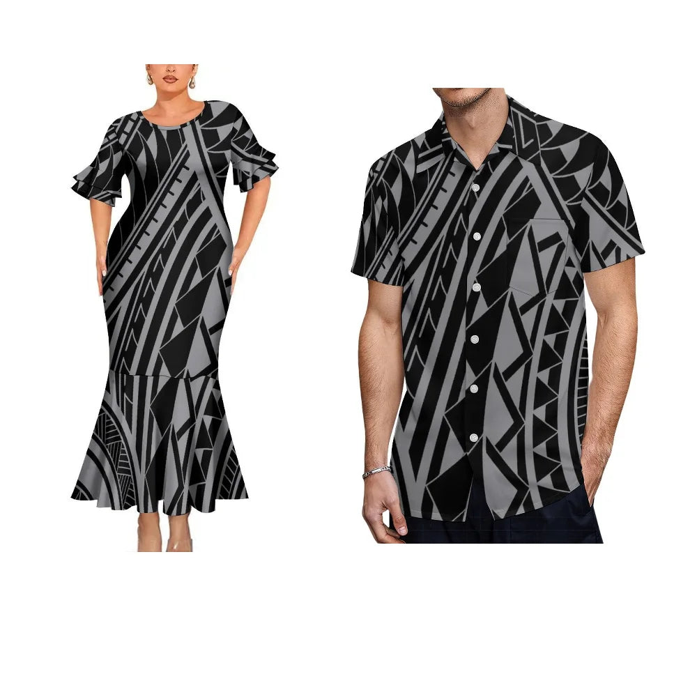 Polynesian Tribal Black Matching Outfit For Her Him Fishtail Skirt Dress And Hawaiian Shirt Couple Set
