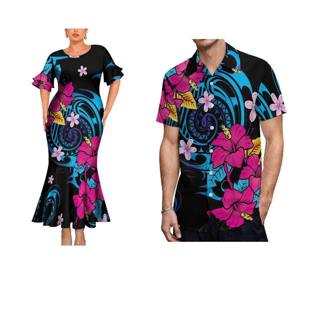 Polynesian Traditional Printed Flowers Fishtail Dress And Hawaiian Shirt Matching Outfit For Couple Set