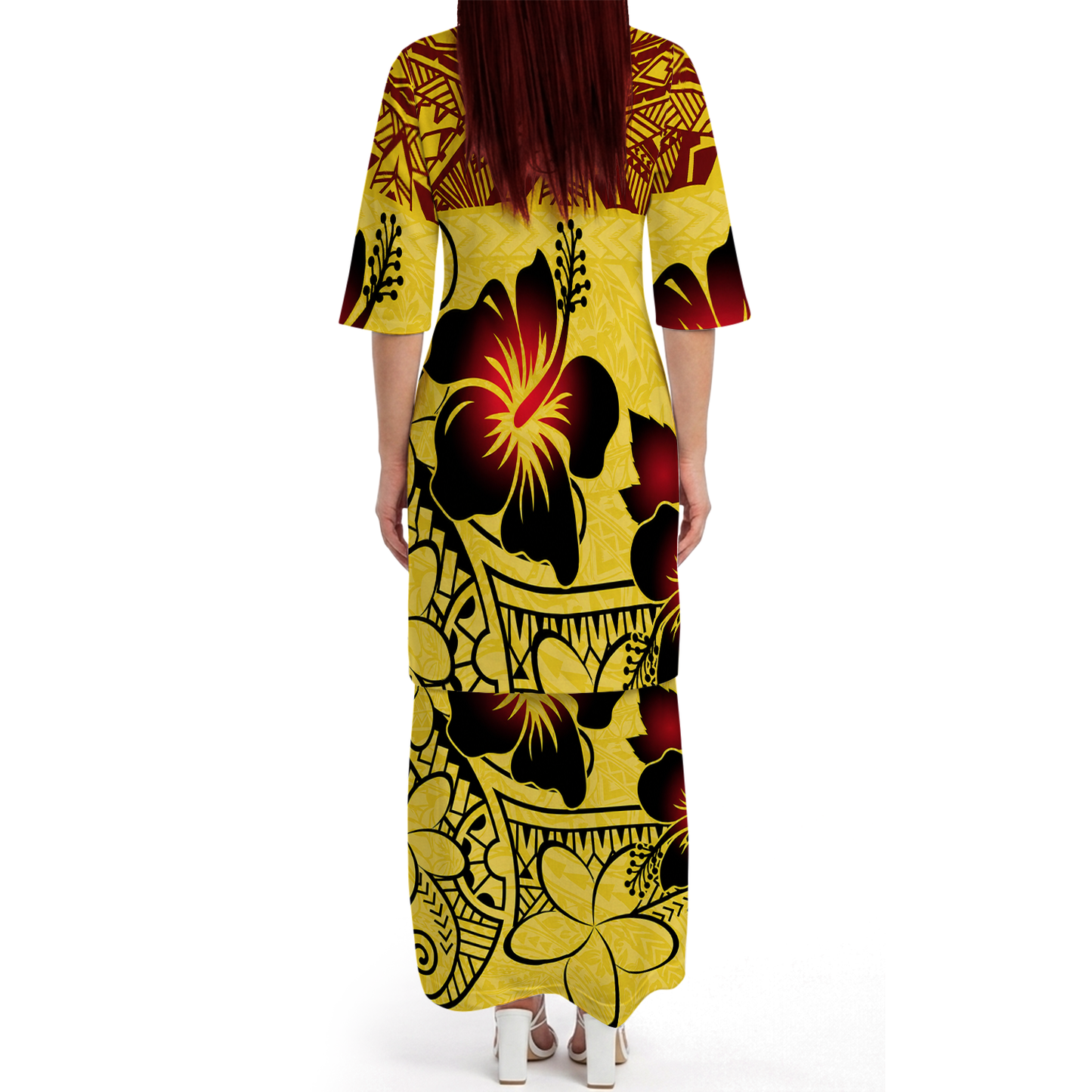 Polynesian Tribal Hibiscus Flowers Yellow Matching Outfit For Couple Island Puletasi Dress And Hawaiian Shirt For Her Him