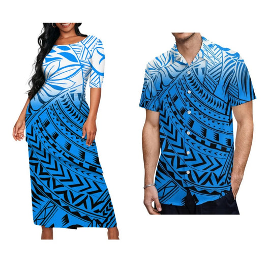 Flowers Polynesian Pattern Blue Matching Outfit For Couple Polynesian Puletasi Dress Two-Piece Suit With Men's Shirt