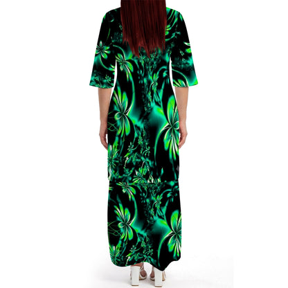 Green Leaf Matching Outfit For Couple Island Puletasi Dress And Hawaiian Shirt For Her Him