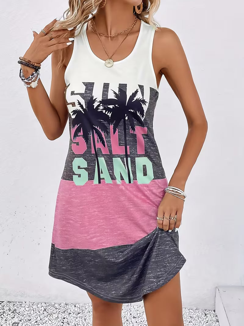 Sun Salt Sand Round Neck High Stretch Dress Tropical Tank Dress Beach Women's Clothing