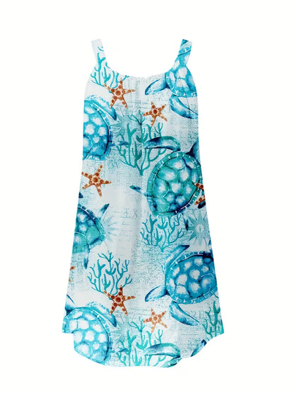 Turtle Print Round Neck High Stretch Cami Dress Tropical Beach Spaghetti Strap Dress, Women's Clothing