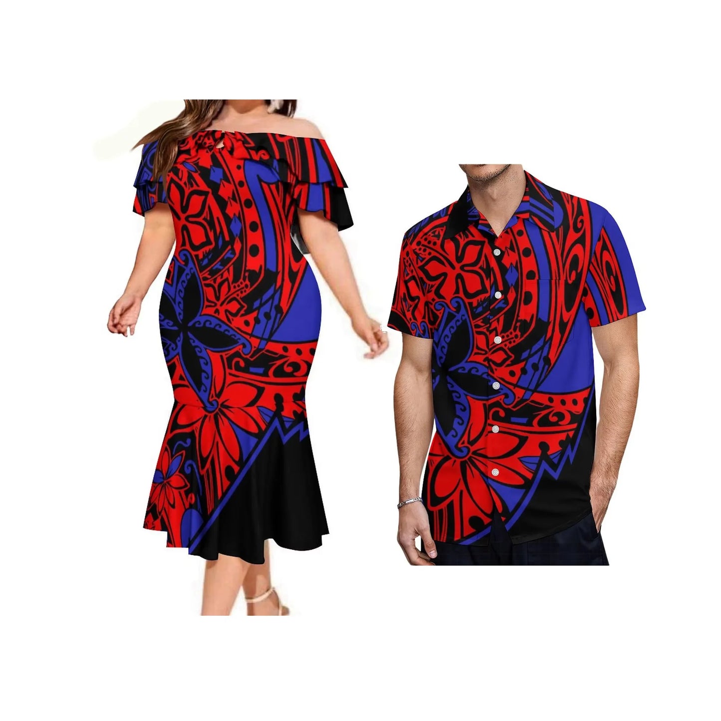 Island Matching Outfit Polynesian Tribal Flowers Pattern Red Off Shoulder Mermaid Dress And Shirt Outfit Set