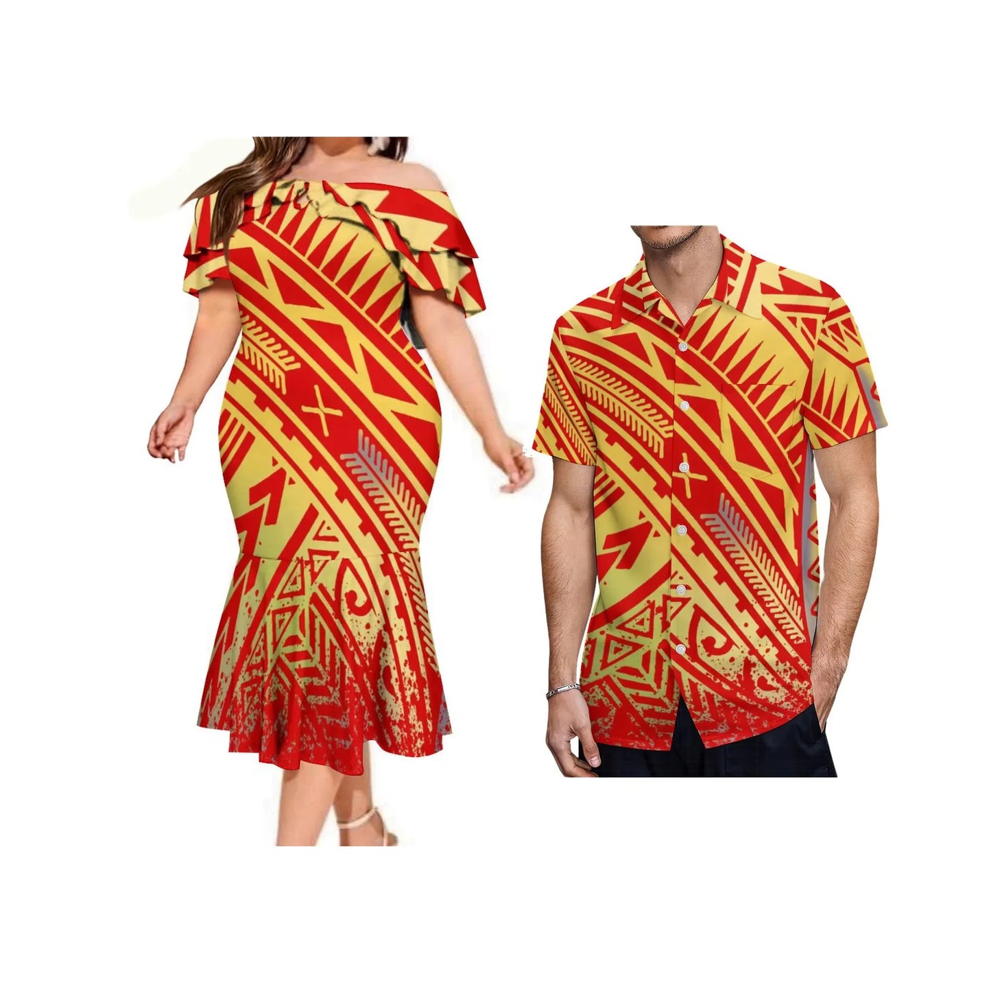 Island Matching Outfit Polynesian Tribal Flowers Pattern Orange Off Shoulder Mermaid Dress And Shirt Outfit Set