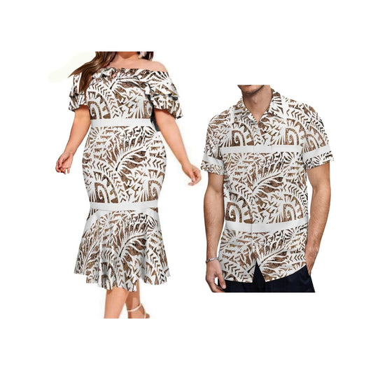 Island Matching Outfit Polynesian Tribal Pattern Off Shoulder Mermaid Dress And Shirt Outfit Set