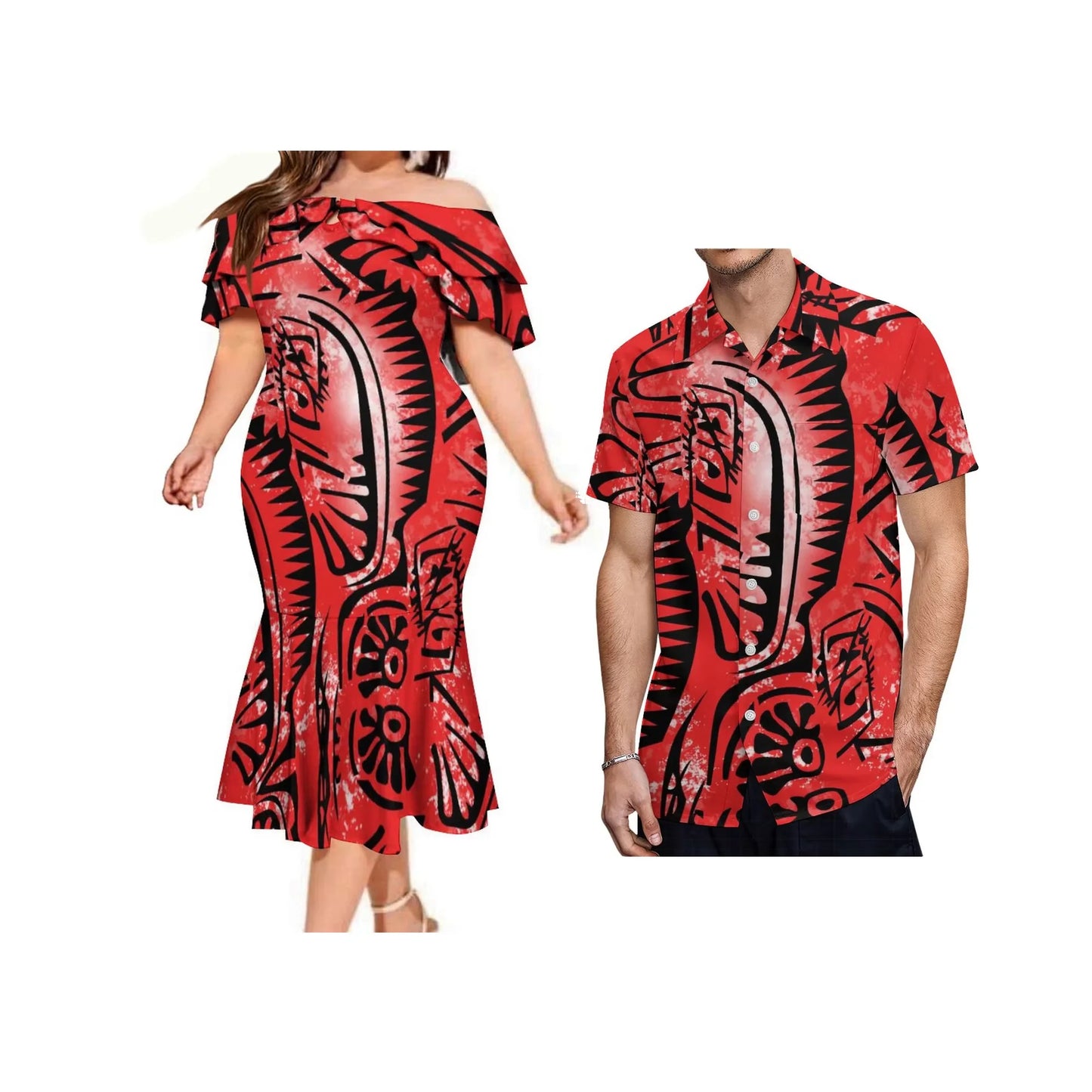 Island Matching Outfit Polynesian Tribal Pattern Red Off Shoulder Mermaid Dress And Shirt Outfit Set