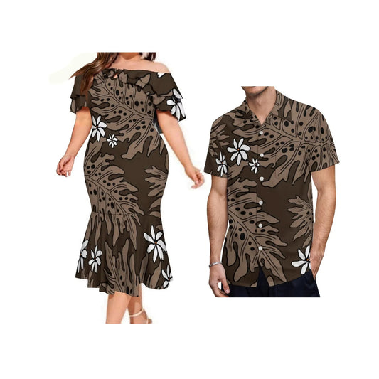 Island Matching Outfit Polynesian Tribal Leaf Vintage Off Shoulder Mermaid Dress And Shirt Outfit Set