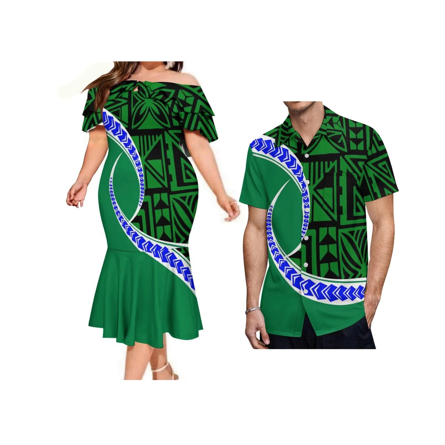 Island Matching Outfit Polynesian Tribal Pattern Green Off Shoulder Mermaid Dress And Shirt Outfit Set