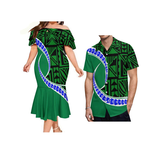 Island Matching Outfit Polynesian Tribal Pattern Green Off Shoulder Mermaid Dress And Shirt Outfit Set