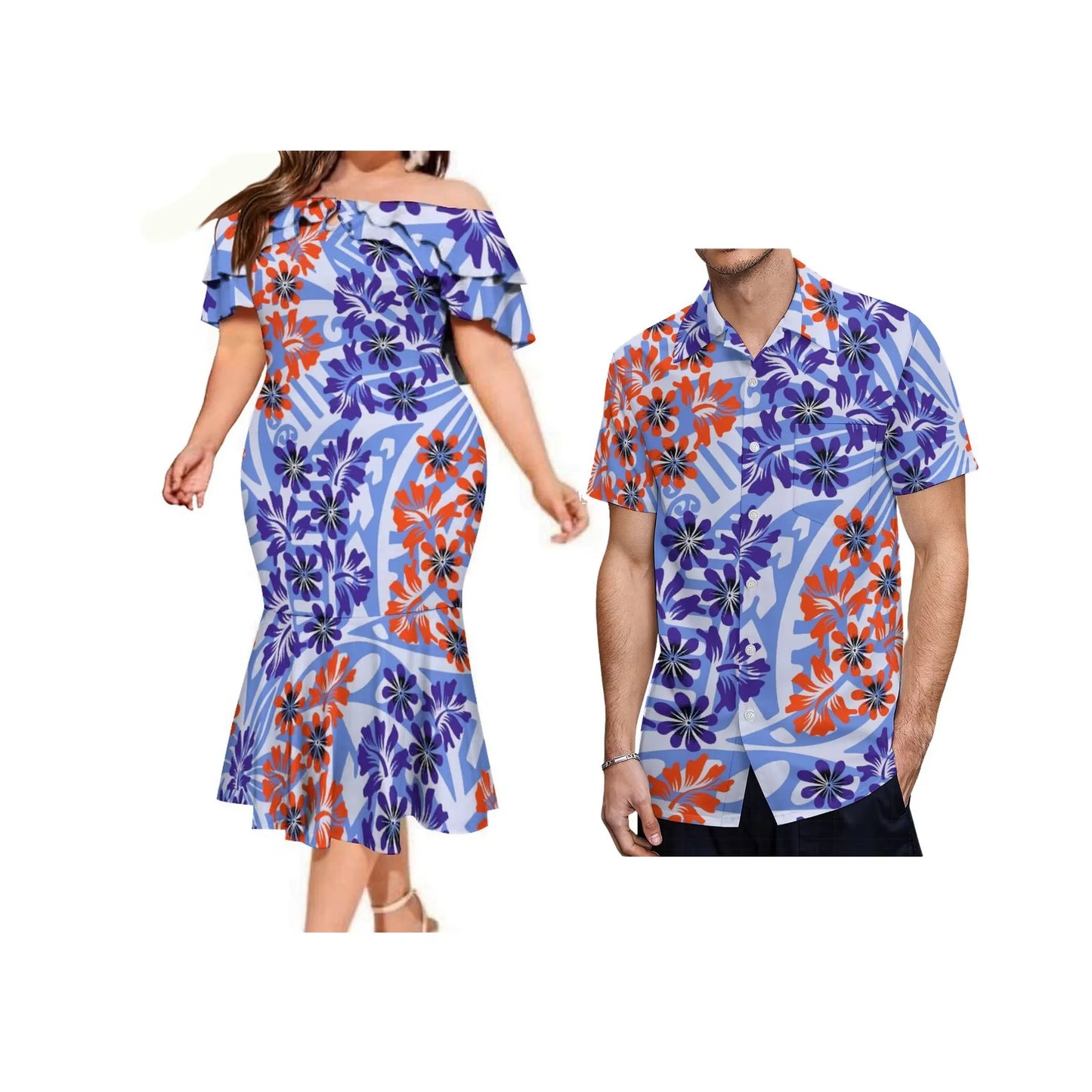 Island Matching Outfit Polynesian Tribal Flowers Pattern Off Shoulder Mermaid Dress And Shirt Outfit Set