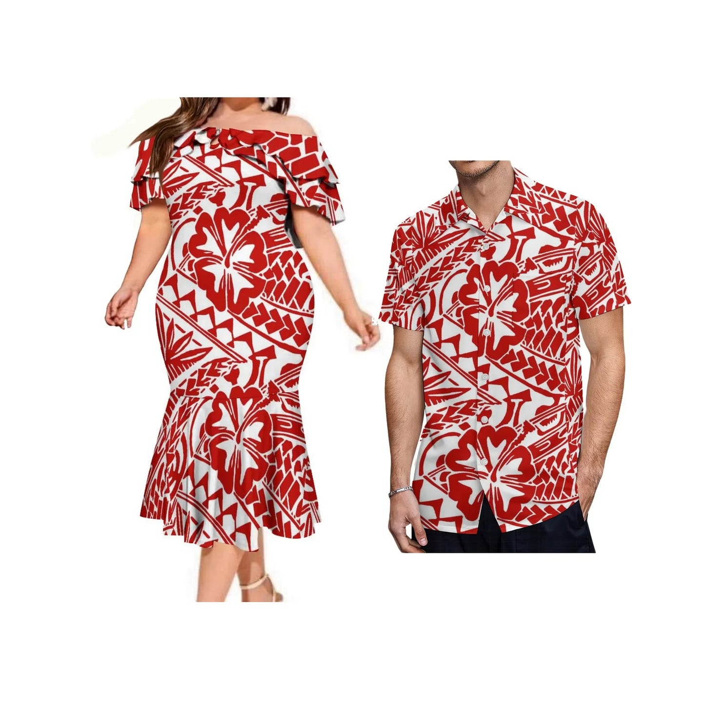 Island Matching Outfit Polynesian Tribal Flowers Red Off Shoulder Mermaid Dress And Shirt Outfit Set