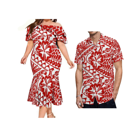 Island Matching Outfit Polynesian Tribal Flowers Red Off Shoulder Mermaid Dress And Shirt Outfit Set