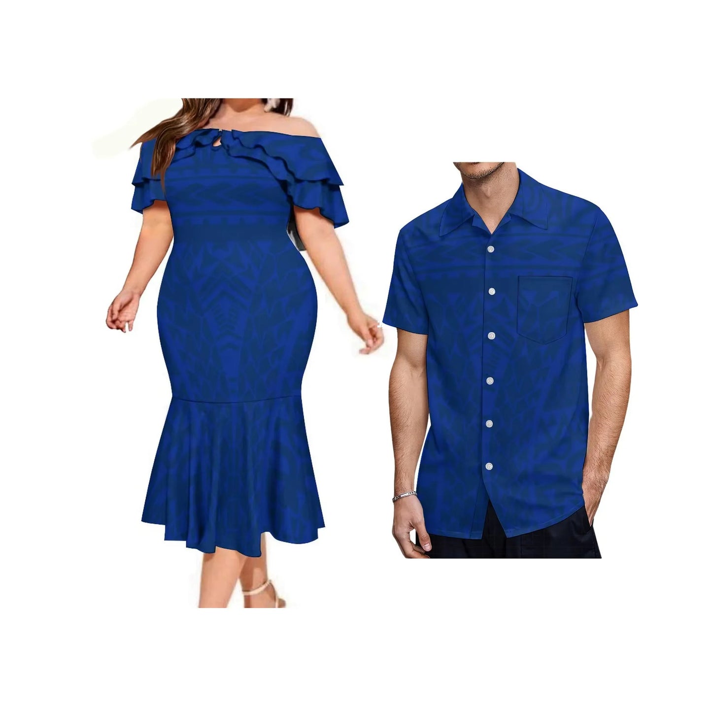 Island Matching Outfit Polynesian Tribal Pattern Blue Off Shoulder Mermaid Dress And Shirt Outfit Set