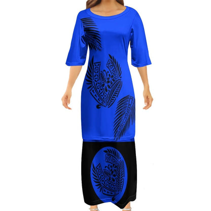Blue Tropical Polynesian Traditional Tribal Couple Set Puletasi Dress Two-Piece Suit With Men's Shirt Blue Matching Outfit For Couple