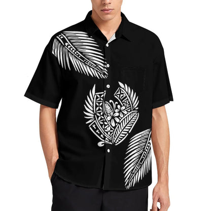 Black Tropical Polynesian Traditional Tribal Couple Set Puletasi Dress Two-Piece Suit With Men's Shirt Blue Matching Outfit For Couple