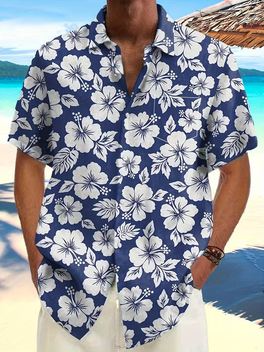 Hibiscus Flowers White Pattern Hawaiian Shirt Beach Short Sleeve Button Printed Shirt For Him