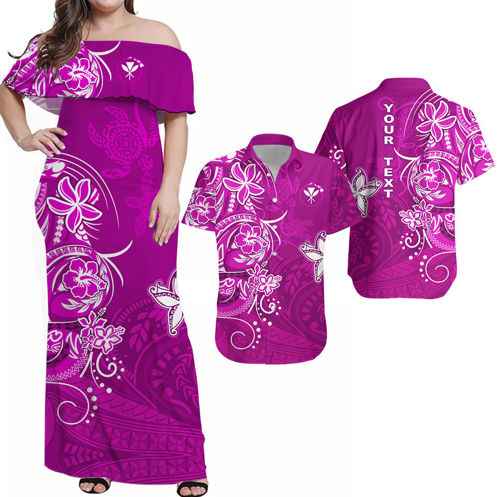 (Custom Personalised) His And Hers Hawaii Matching Clothing Combo Polynesia Pink Sea Turtle Honu and Map Dress and Hawaiian Shirt