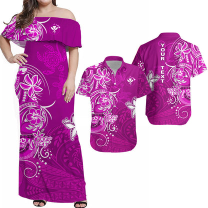 (Custom Personalised) His And Hers Hawaii Matching Clothing Combo Polynesia Pink Sea Turtle Honu and Map Dress and Hawaiian Shirt