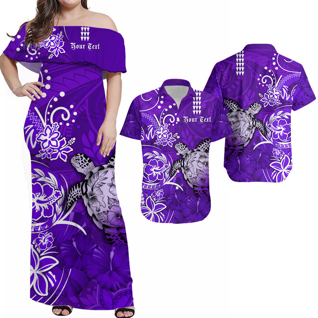 (Custom Personalised) Hawaii Matching Couple Outfits For Vacation Polynesia Tribal Purple Sea Turtle Honu and Hibiscus Dress and Hawaiian Shirt