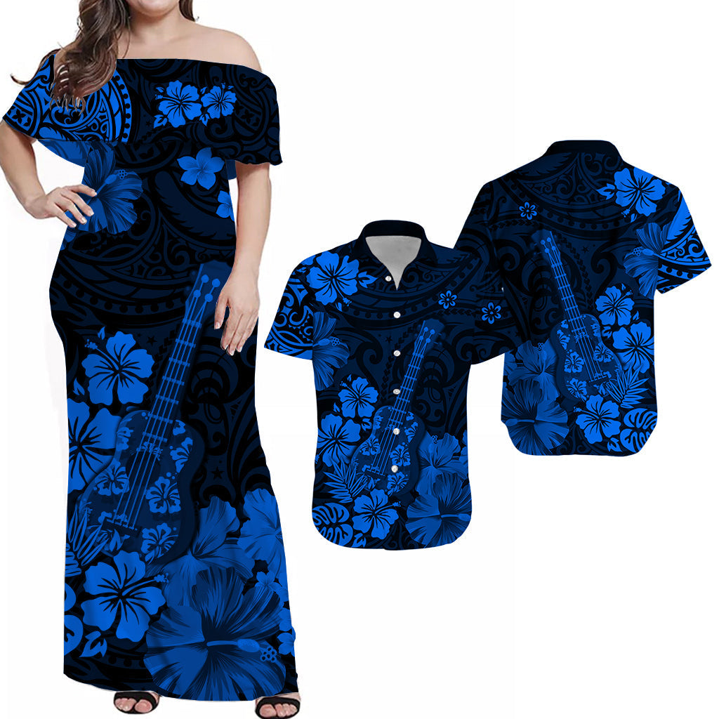 Hawaii Couple Outfits Hawaii Combo Dress and Hawaiian Shirt Polynesia Blue Ukulele Flowers