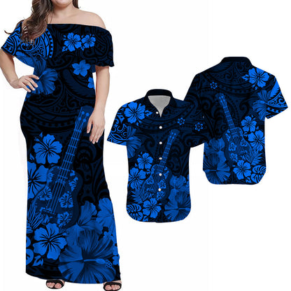 Hawaii Couple Outfits Hawaii Combo Dress and Hawaiian Shirt Polynesia Blue Ukulele Flowers