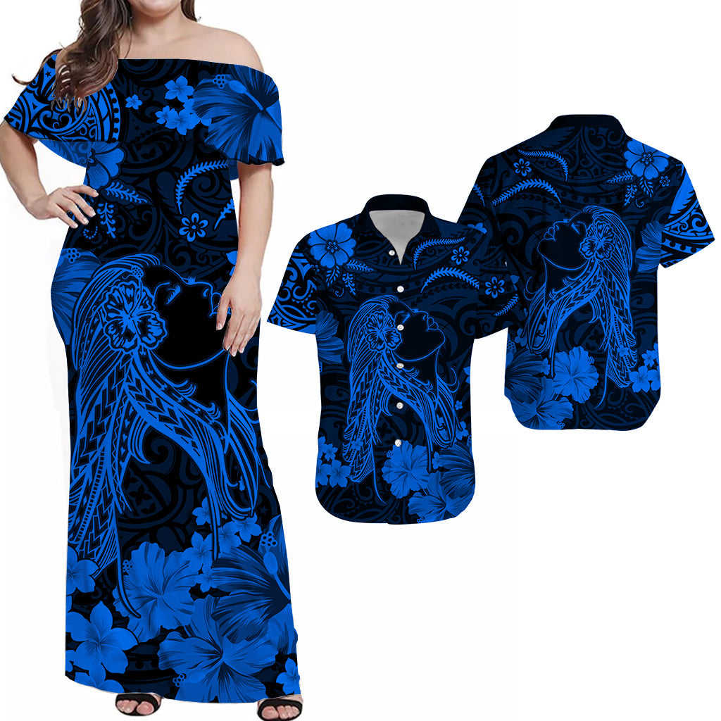 Hawaiian Matching Outfits For Couples Hawaii Combo Dress and Hawaiian Shirt Polynesia Blue Beautiful Hula Girl