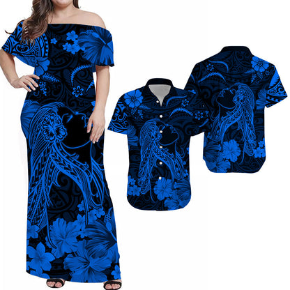 Hawaiian Matching Outfits For Couples Hawaii Combo Dress and Hawaiian Shirt Polynesia Blue Beautiful Hula Girl