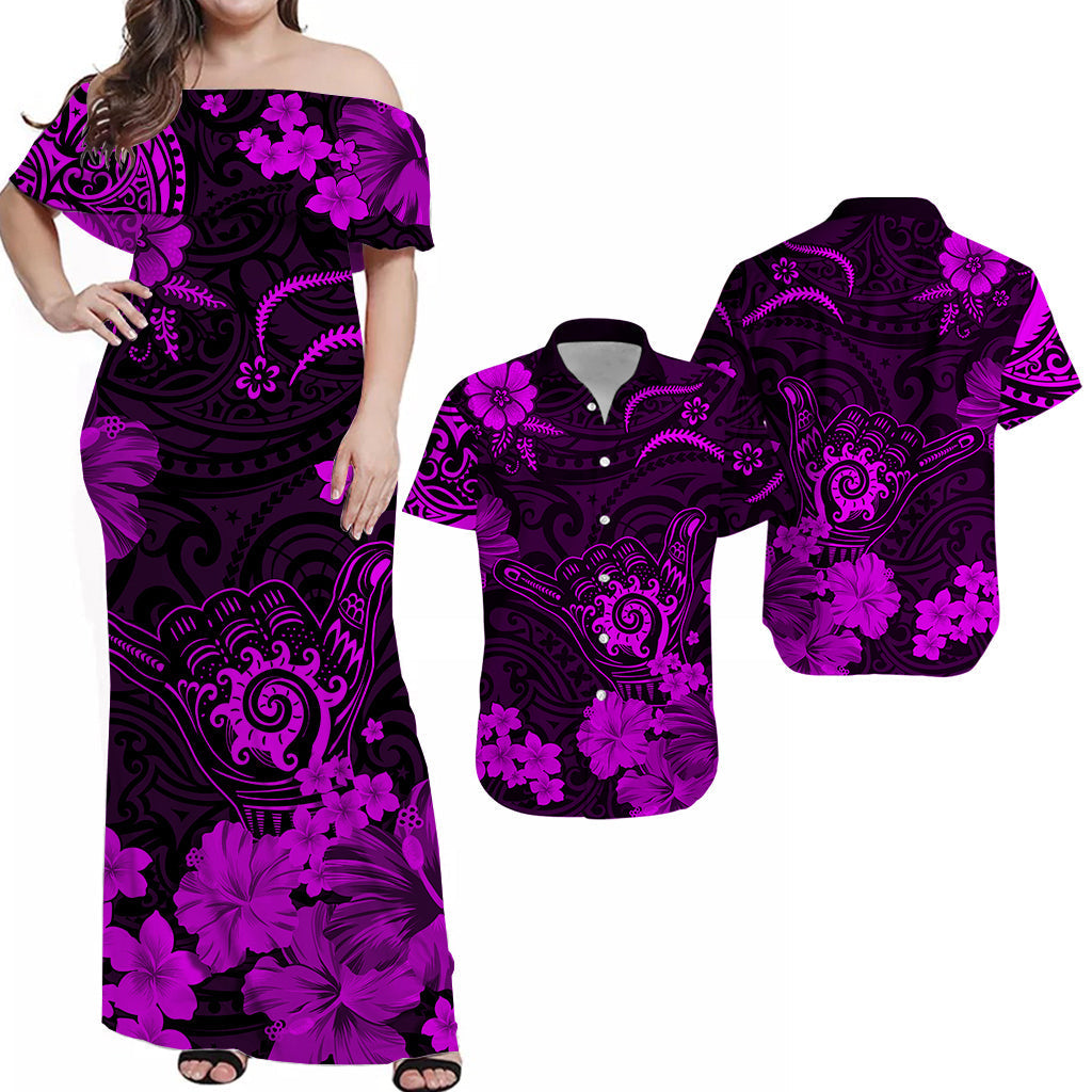 Hawaii Matching Clothes For Couples Hawaii Combo Dress and Hawaiian Shirt Polynesia Purple Cool Shaka Sign