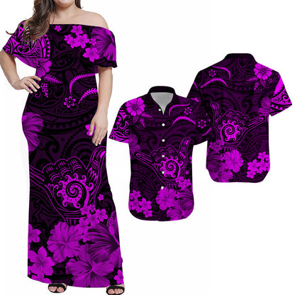 Hawaii Matching Clothes For Couples Hawaii Combo Dress and Hawaiian Shirt Polynesia Purple Cool Shaka Sign