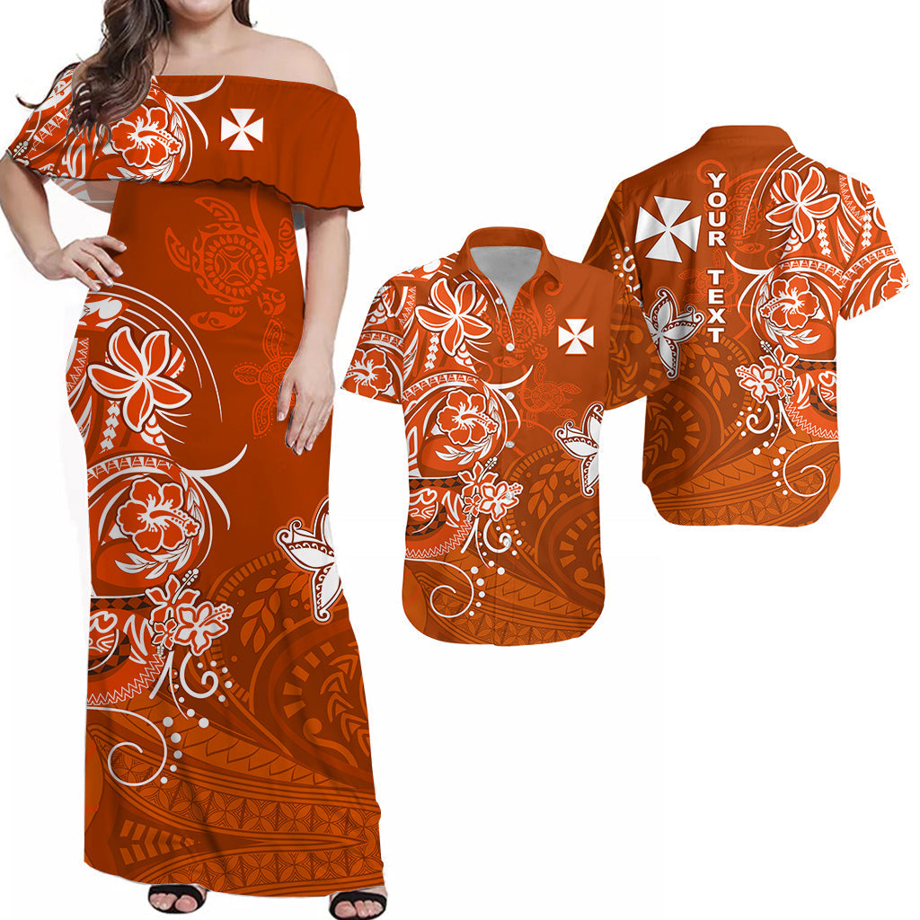 (Custom Personalised) Matching Outfits For Couples Wallis et Futuna Combo Dress and Hawaiian Shirt Polynesia Orange Sea Turtle and Flowers
