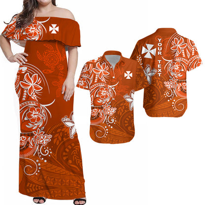 (Custom Personalised) Matching Outfits For Couples Wallis et Futuna Combo Dress and Hawaiian Shirt Polynesia Orange Sea Turtle and Flowers