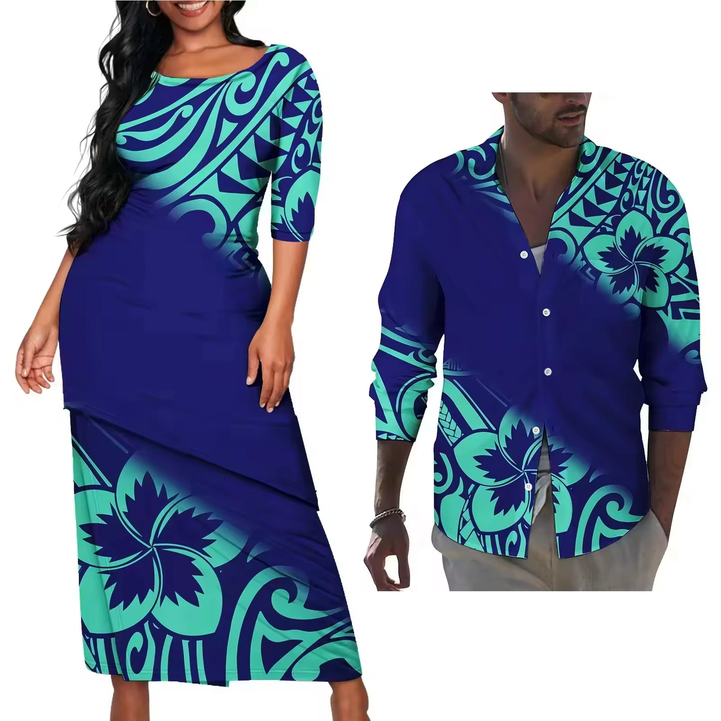 Vintage Polynesian Tribal Pattern Couple Matching Outfit Polynesian Island Puletasi Dress Men's Long Sleeve Button Shirt