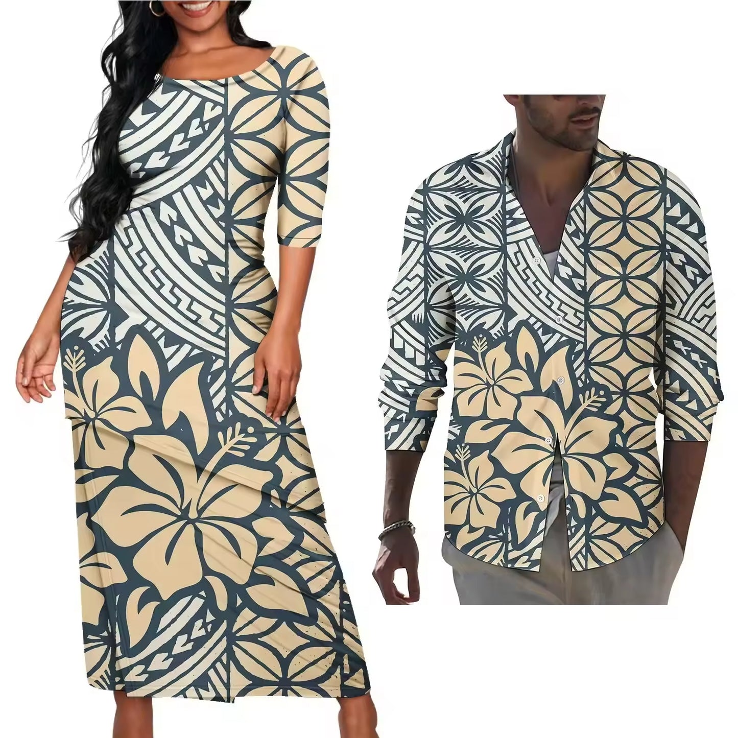 Vintage Polynesian Flowers Pattern Couple Matching Outfit Polynesian Island Puletasi Dress Men's Long Sleeve Button Shirt