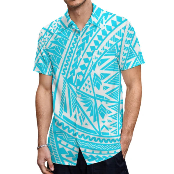 Blue Polynesian Tribal Pattern Matching Outfit For Couple Puletasi Dress Man Shirt Party Set