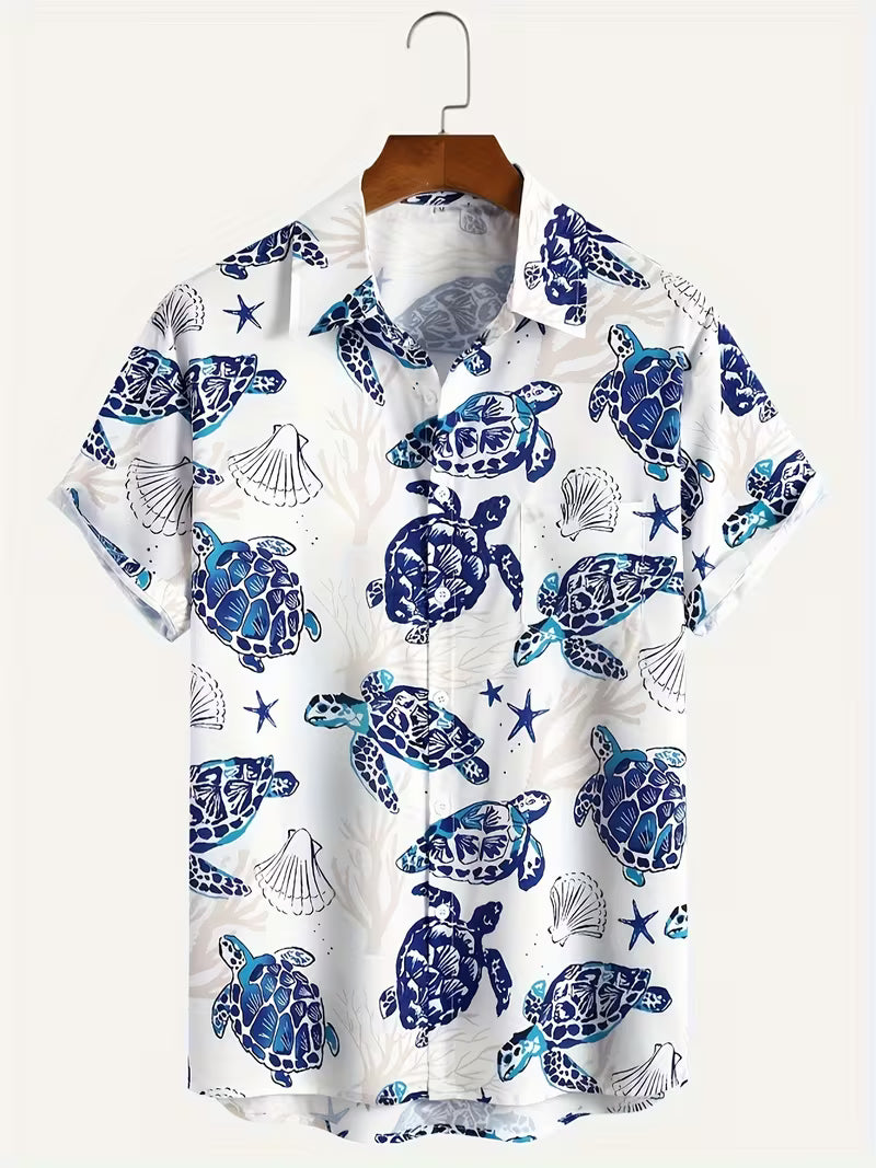 Turtle Ocean-Themed Pattern Hawaiian Shirt Tropical Beach Short Sleeve Button Printed Shirt For Him