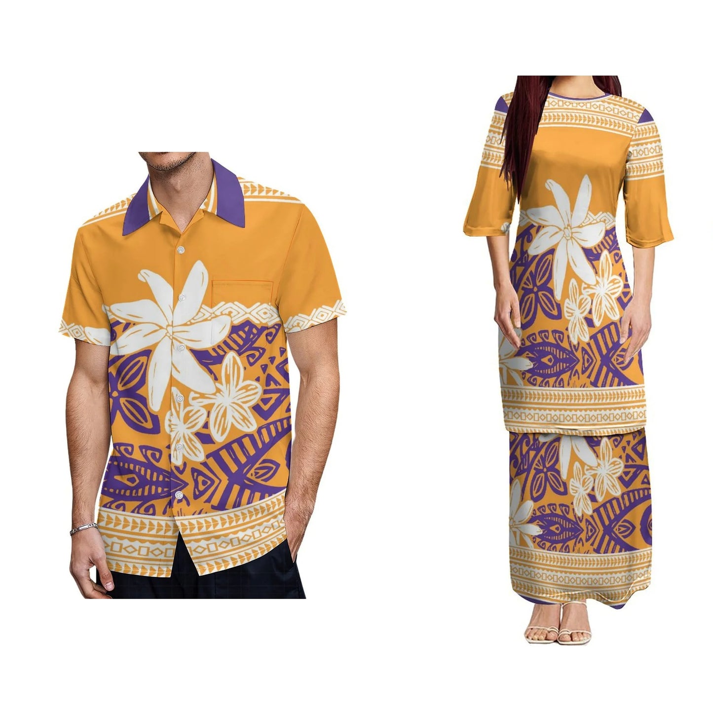 Polynesian Tribal Flowers Pattern Printed Puletasi Dress And Hawaiian Shirt For Him Her Tropical Yellow Matching Outfit For Couple