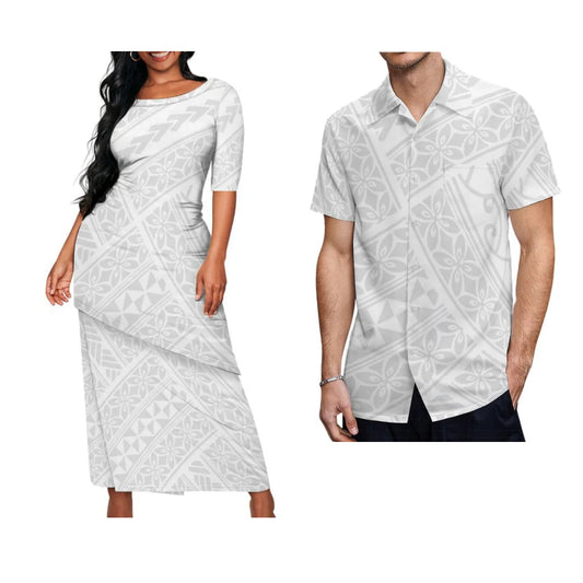 White Polynesian Women Puletasi Men'S Shirt Samoan Print Polynesian Summer Couple Set