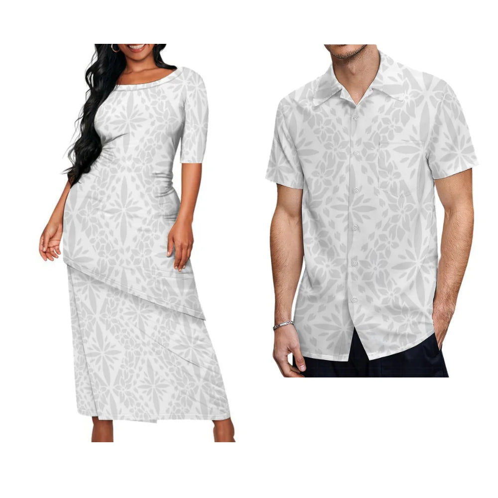 White Island Polynesian Women Puletasi Men'S Shirt Samoan Print Island Summer Couple Set