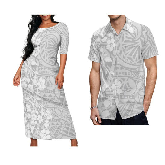 White Tropical Pattern Polynesian Women Puletasi Men'S Shirt Samoan Print Island Summer Couple Set