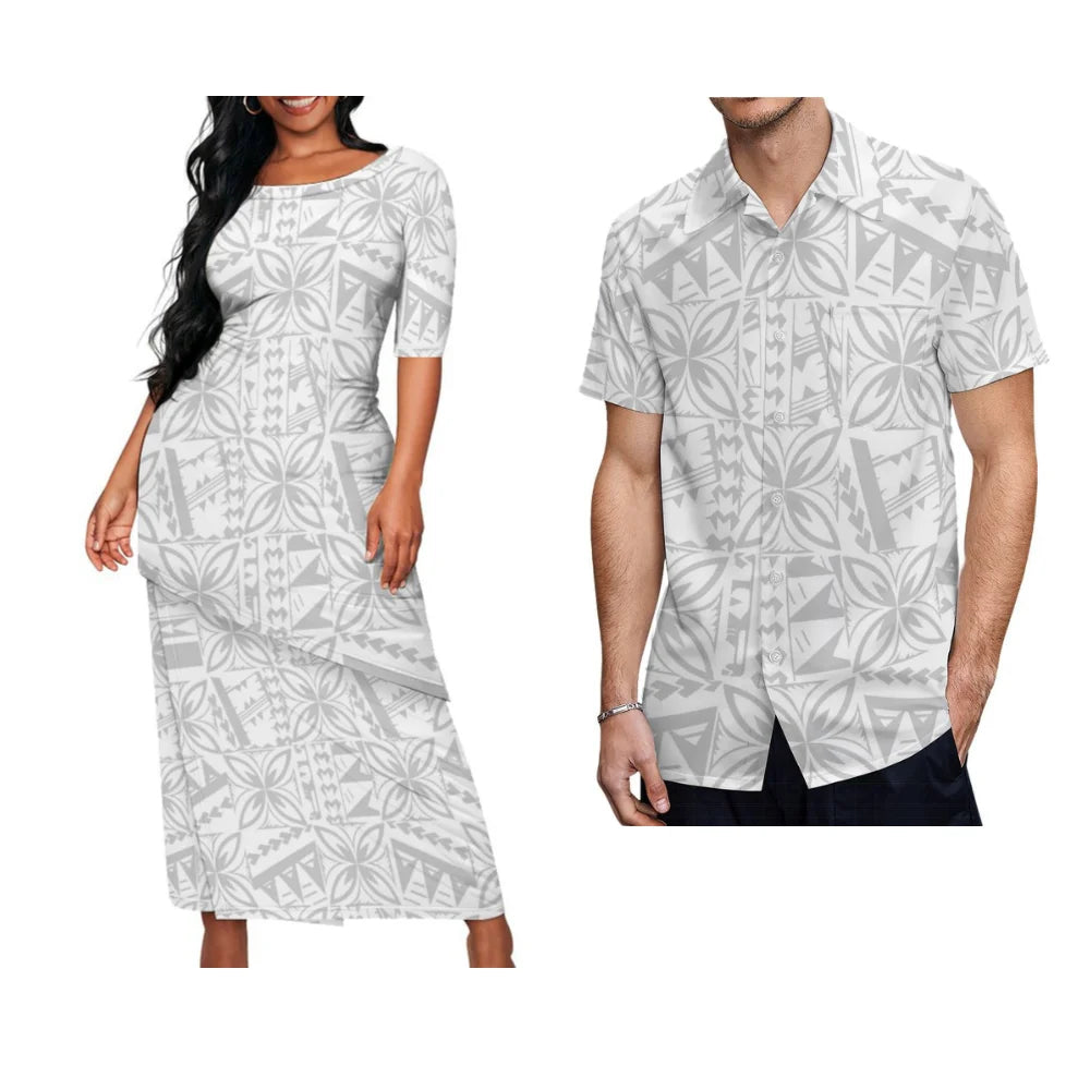 White Tropical Pattern Traditional Polynesian Printed Women Puletasi Men'S Shirt Samoan Print Island Summer Couple Set