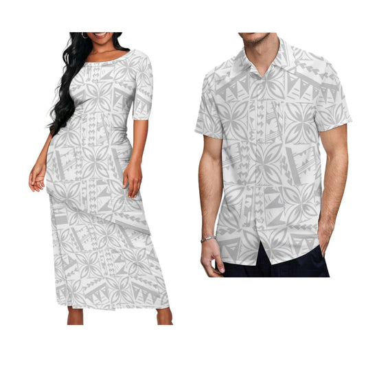 White Tropical Pattern Traditional Polynesian Printed Women Puletasi Men'S Shirt Samoan Print Island Summer Couple Set