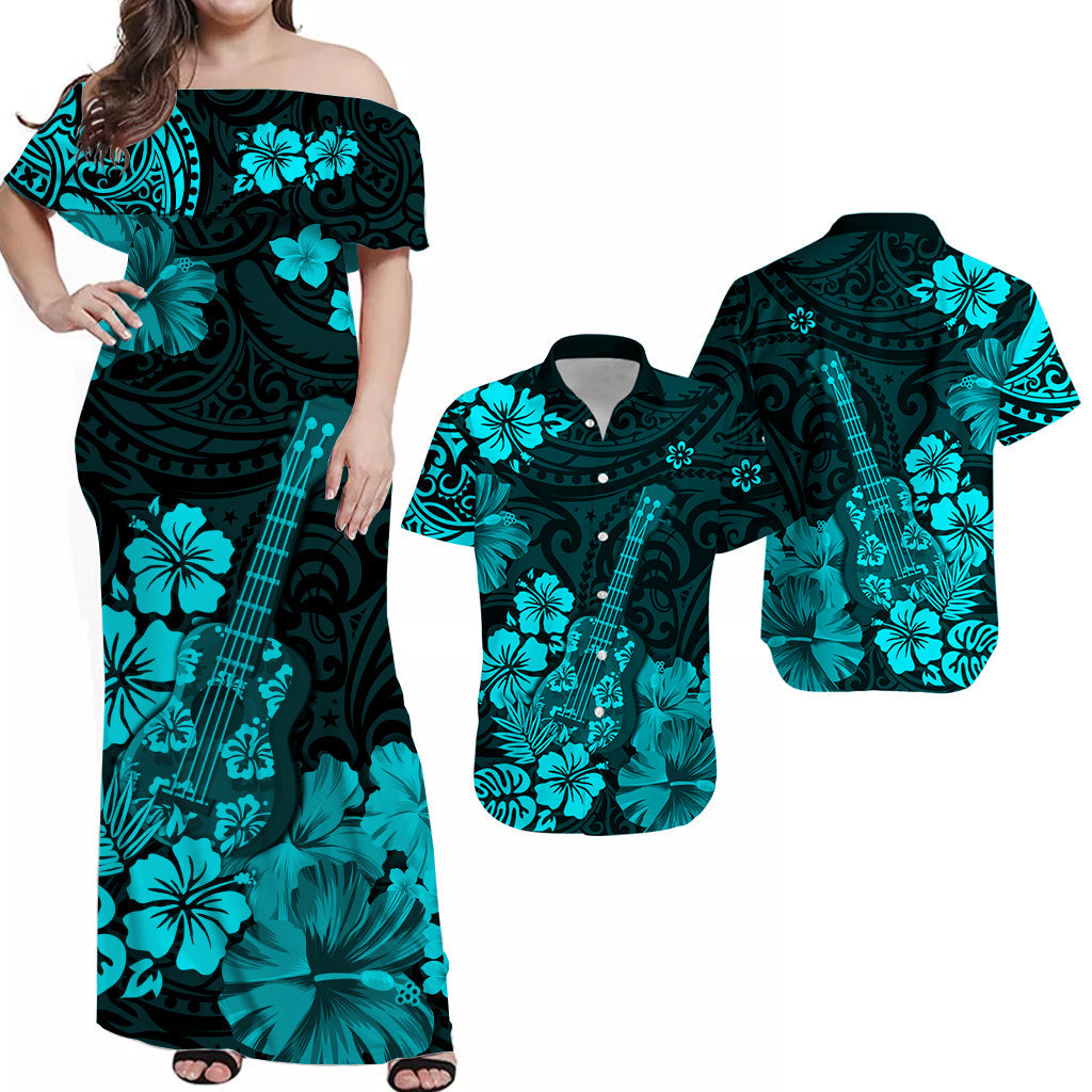 Hawaii Combo Dress And Hawaiian Shirt Polynesia Turquoise Ukulele Flowers Hawaii Dress and Hawaiian Shirt Polynesia Turquoise Ukulele