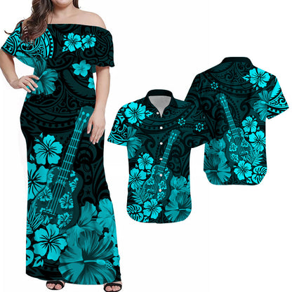 Hawaii Combo Dress And Hawaiian Shirt Polynesia Turquoise Ukulele Flowers Hawaii Dress and Hawaiian Shirt Polynesia Turquoise Ukulele