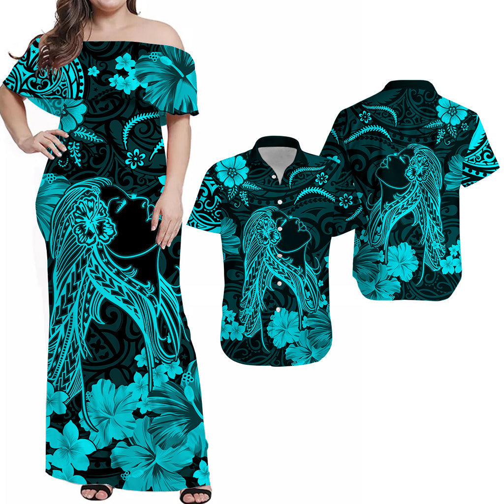 Polynesian Couple Outfits Hawaii Combo Dress and Hawaiian Shirt Polynesia Turquoise Beautiful Hula Girl